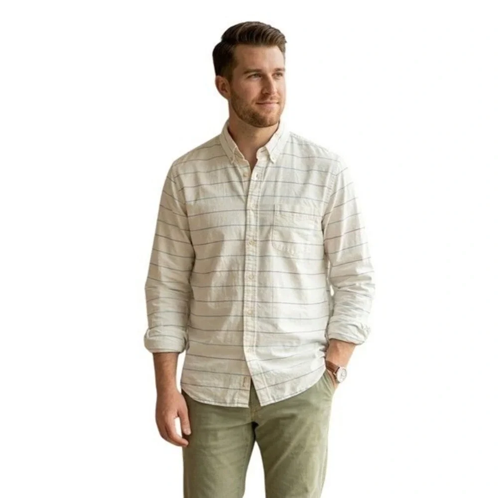 J.Crew Men's XL Sunwashed Oxford Shirt White Blue Striped Tailored Button Down‎